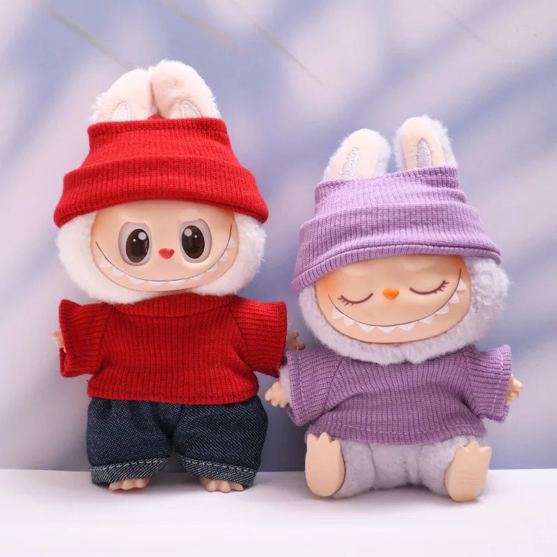 

15/17cm 1 - 3 Gen Cute Labubu Dolls Fashion - forward Knitwear Ensemble Colorful Beanie Sweater Pants Dress - up Outfits