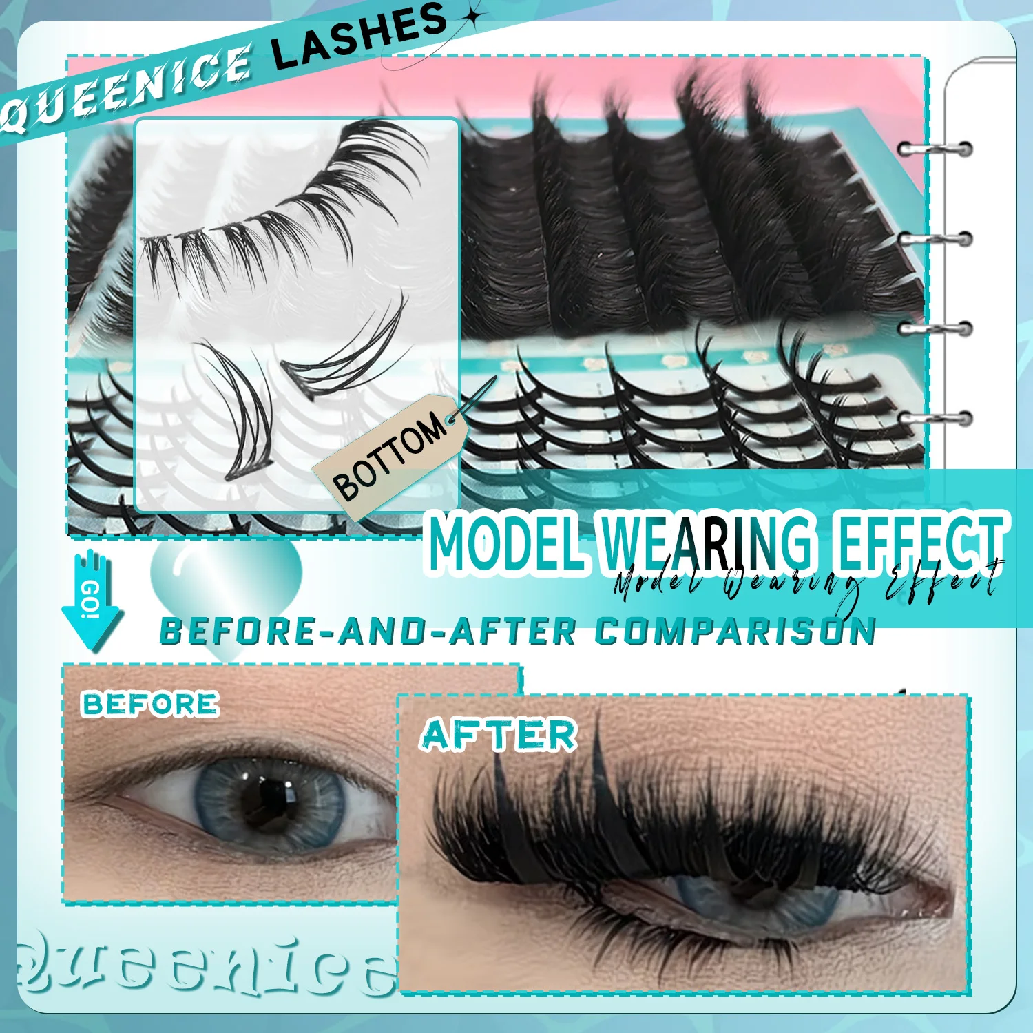 Wimpernverlängerungsset: Dicke Einzelwimpern mit Spikes & Unterwimpern, Kleber und Versiegelung für Make-up – Detail 5