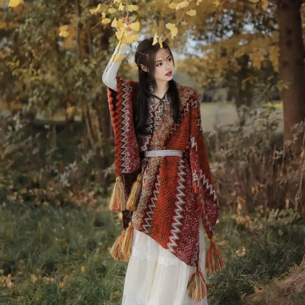 Vrouwen sjaal etnische stijl patchwork kleur mantel met koelkast decor dames breien sjaal voor cocktailjurk accessoire draperen