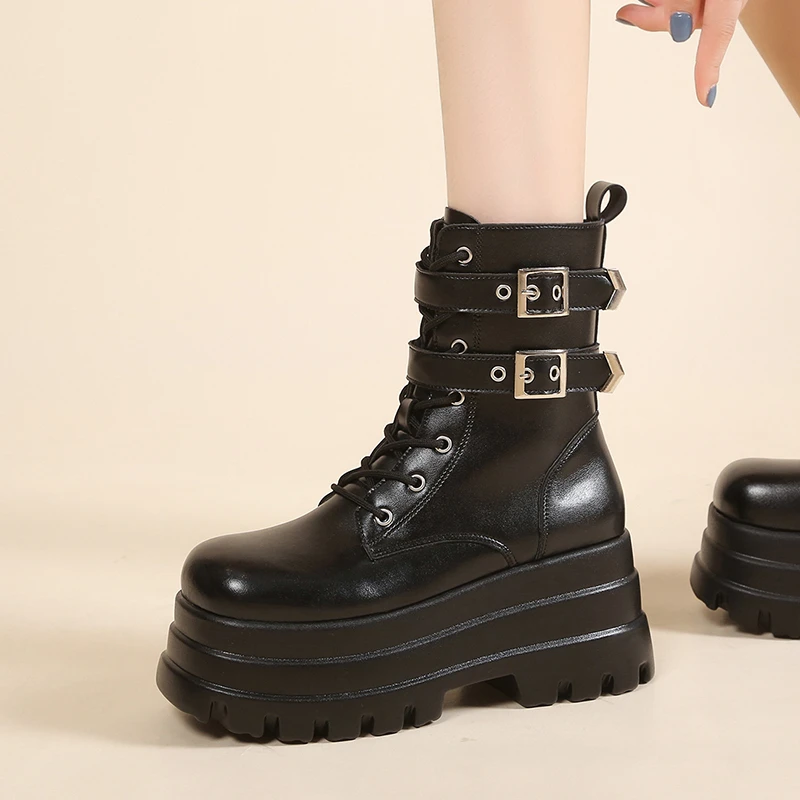 

11.5CM, Women 8CM Platform Boots Casual Outdoor Shoes Chunky Simple Lace Up Design Ankle Boots Cool Nightclub Party Black Shoes