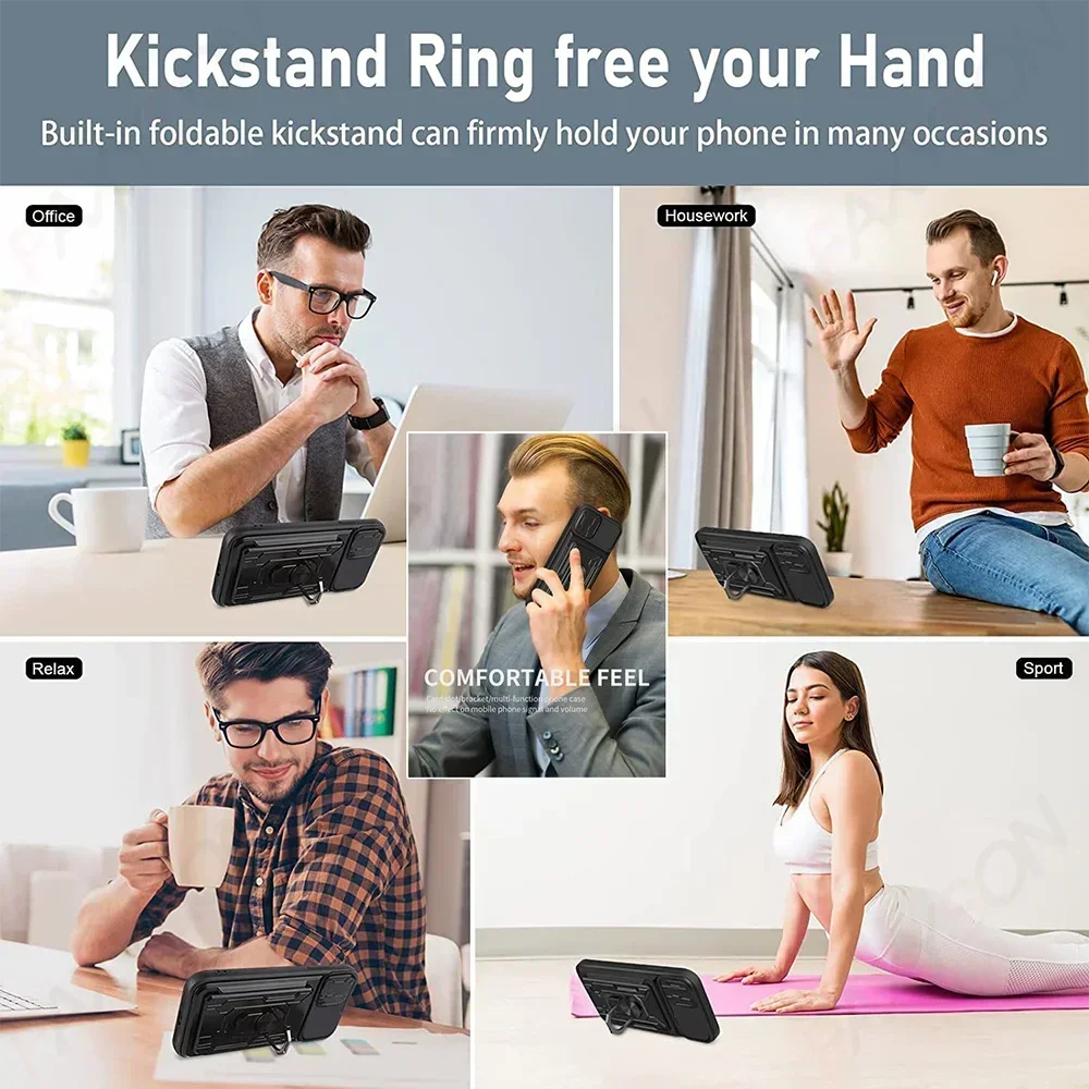 Case For iPhone 17 16 15 14 13 12 11 Pro Max XR XS Plus SE Slide Camera Card Slot Military Grade Ring 360 Magnetic Back Cover