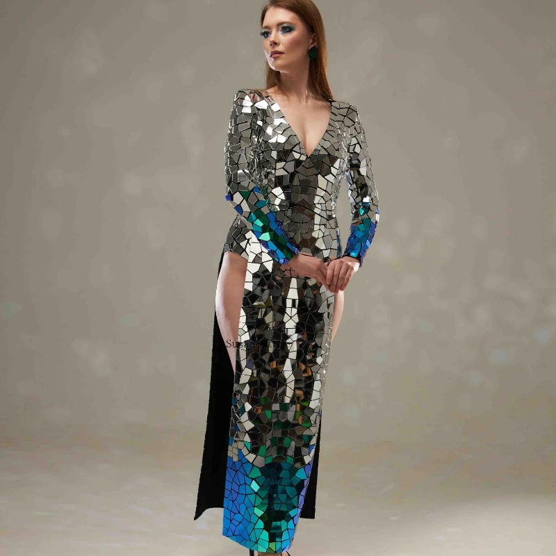 Silver and Scarab Mirror Slit Women Dress Long Evening Two-Tone Sequin Gown Festival Stage Performance Costume
