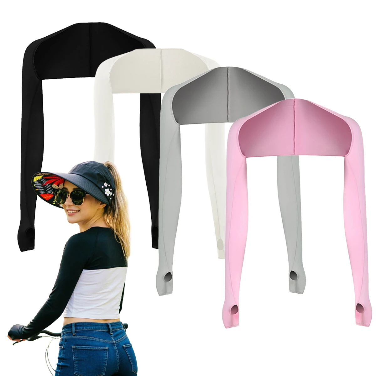 2Pcs Ice Silk UV Protection Arm Sleeves Sunscreen Hat Elastic Shawl Cuff Design for Women Sports Crcling Arm Sleeves Caps Set