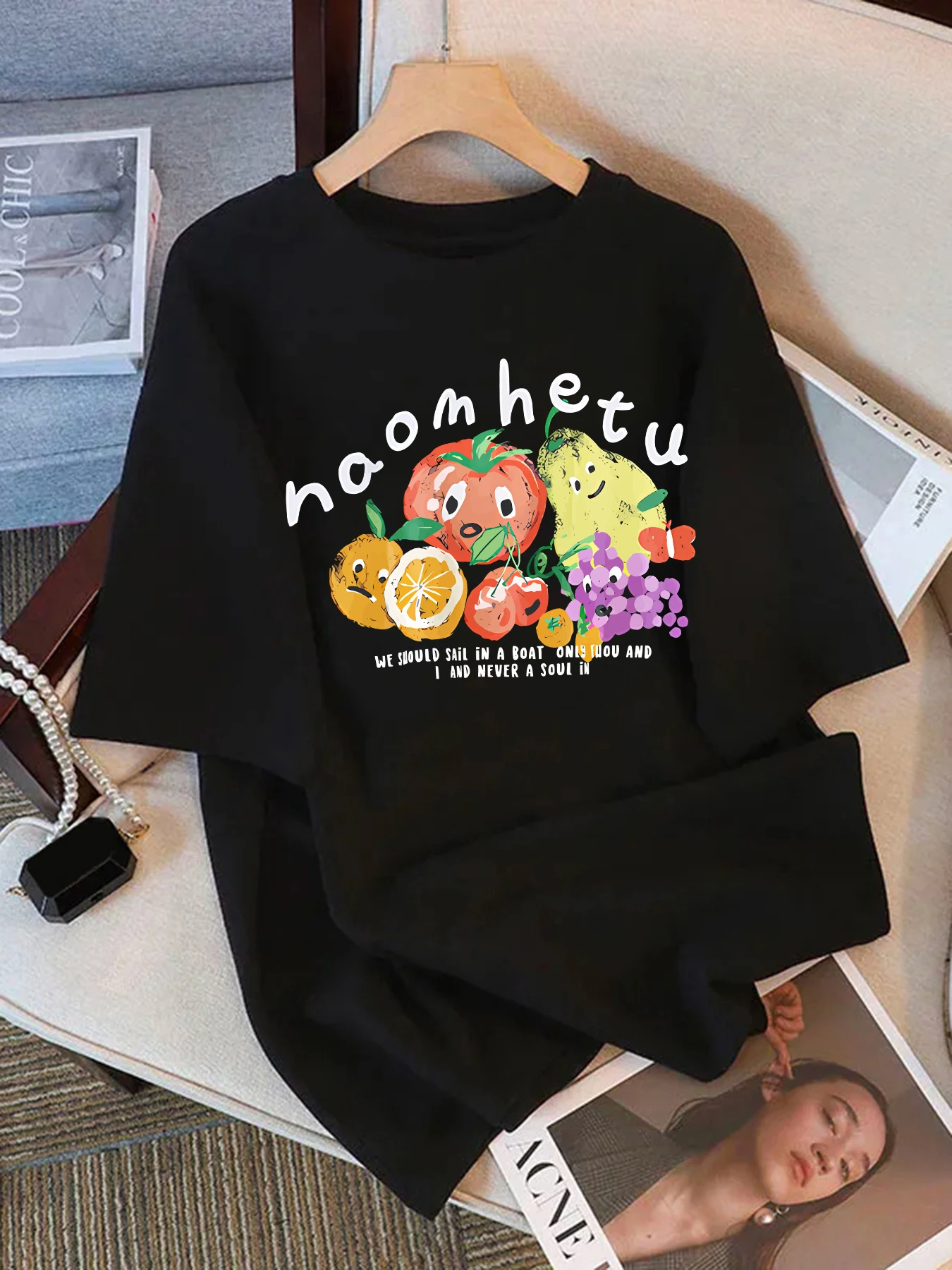 

American Retro Fruit Printing Womens T-Shirt Trendy Oversize Short Sleeve Cotton Loose Crewneck Tee Hip Hop Female Basics Top