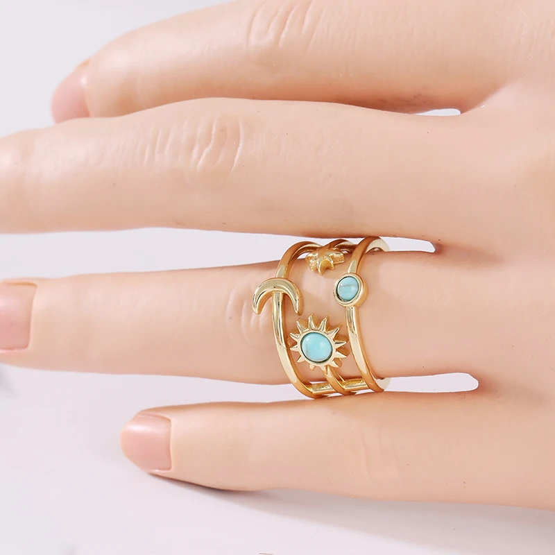 Bohemian Style Synthetic Turquoise Star Sun Multilayer Adjustable Ring Women's Elegant Vintage Banquet Anniversary Charm Jewelry