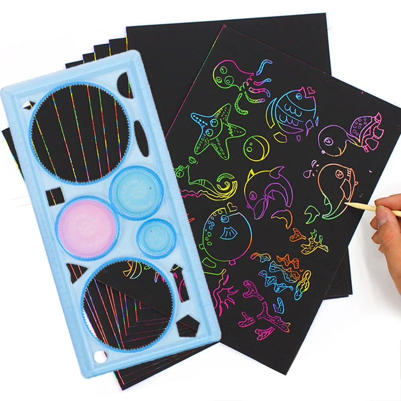 Scratch Art Paper Drawing Set – 10sheets Rainbow Scratch Paper Geometric Ruler Stencil Creative Art Craft Kit Party Gift TMZ