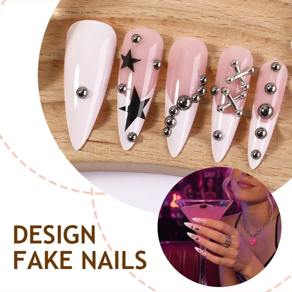 Steel Ball Sweet And Cool Style Fake Nails Wearable Long Pointed Steel Bead Chic Fake Nails Cute Girl Style Nail Stickers