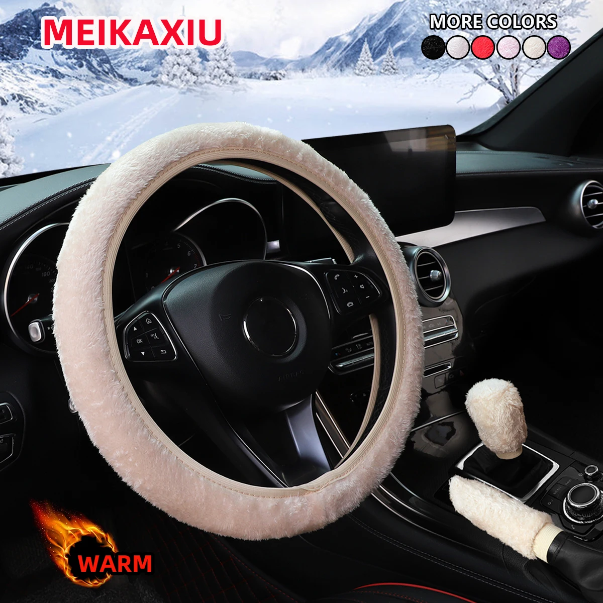 3PCS Arctic Fleece Winter Car Accessories Set - Steering Wheel Cover Handbrake & Gearshift Warm Accessories for Women 38CM Rimle