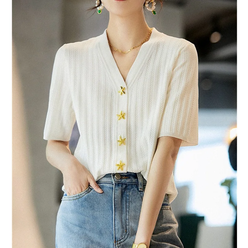 Fashion all-match ice silk short sleeve cardigan French slim V-neck T-shirt for women\'s summer starfish button cotton thread top