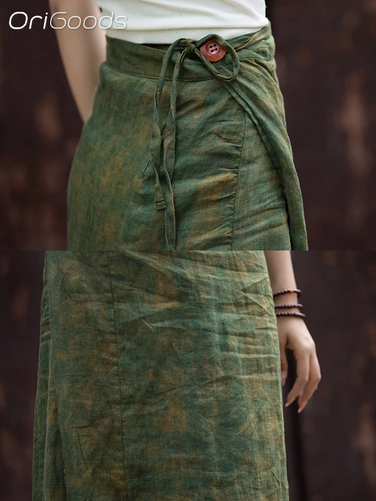 OriGoods Women Summer Long Skirt Green Print Natural Fabric Ramie Thin Skirts Japan Chinese style Original Cute Skirt 2024 B174