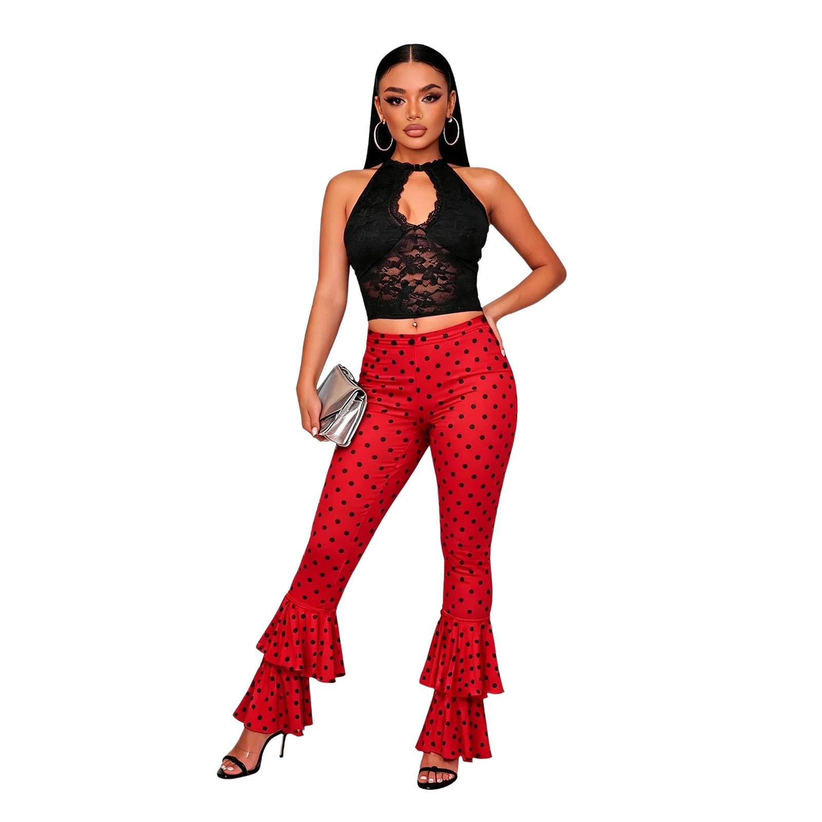 Womens Y2K 2 Piece Set Sleeveless Cutout Lace Crop Tops with Pads Polka Dot Print Ruffled Leggings Club Rave Party Streetwear