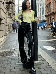 Lautaro Spring Autumn Long Black Reflective Shiny Patent Leather Straight Pants Women High Waist Y2K Streetwear Clothes 2022