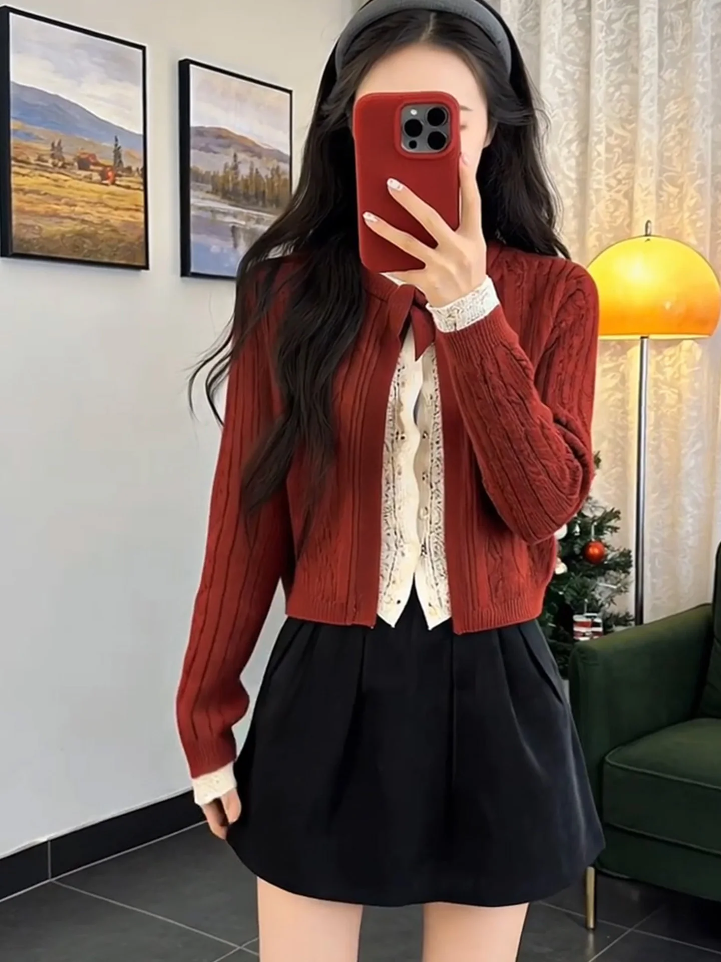 

Милый и стильный комплект для сестер OOTD: женский весенний новогодний красный вязаный комплект из двух предметов с длинными рукавами и короткой юбкой А-силуэта