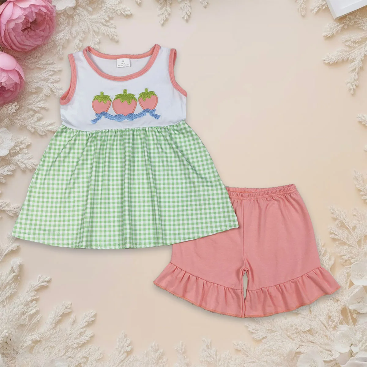 

Baby Girl Sleeveless Embroidery Strawberry Tops Clothes Kids Set Ruffle Shorts Infant Toddler Children Clothing Outfit Wholesale