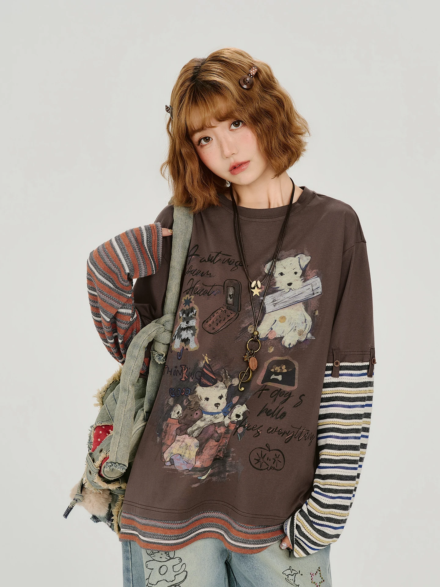 Girlyhalo American Retro Print Long Sleeve T-Shirt Women's Loose Striped Top Casual Style Fake Two-Piece Autumn New Arrival