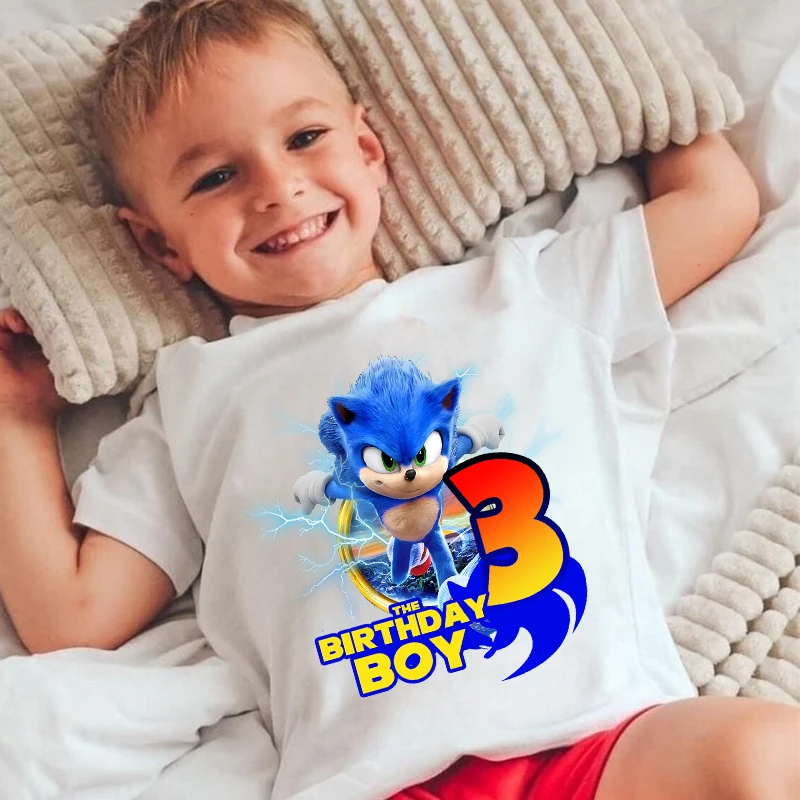 Koszulka dziecięca z bawełny z motywem anime Soniced, letnia moda, na przyjęcie urodzinowe, codzienna koszulka z okrągłym dekoltem, krótkim rękawem i nadrukiem.
