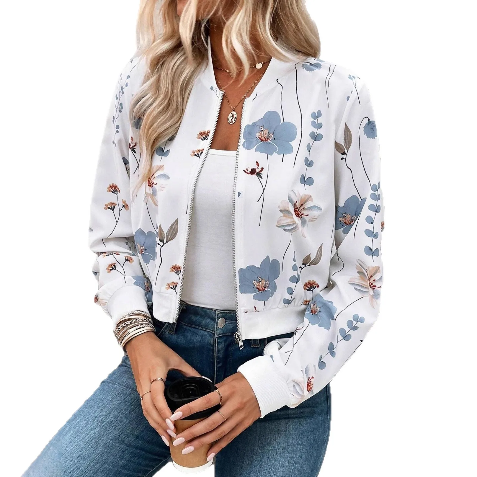 Women's Medium Weight Collarless Knit Jacket with 3D Print Loose Fit Long Sleeve Zipper Front Elegant Demi-Season Top Floral