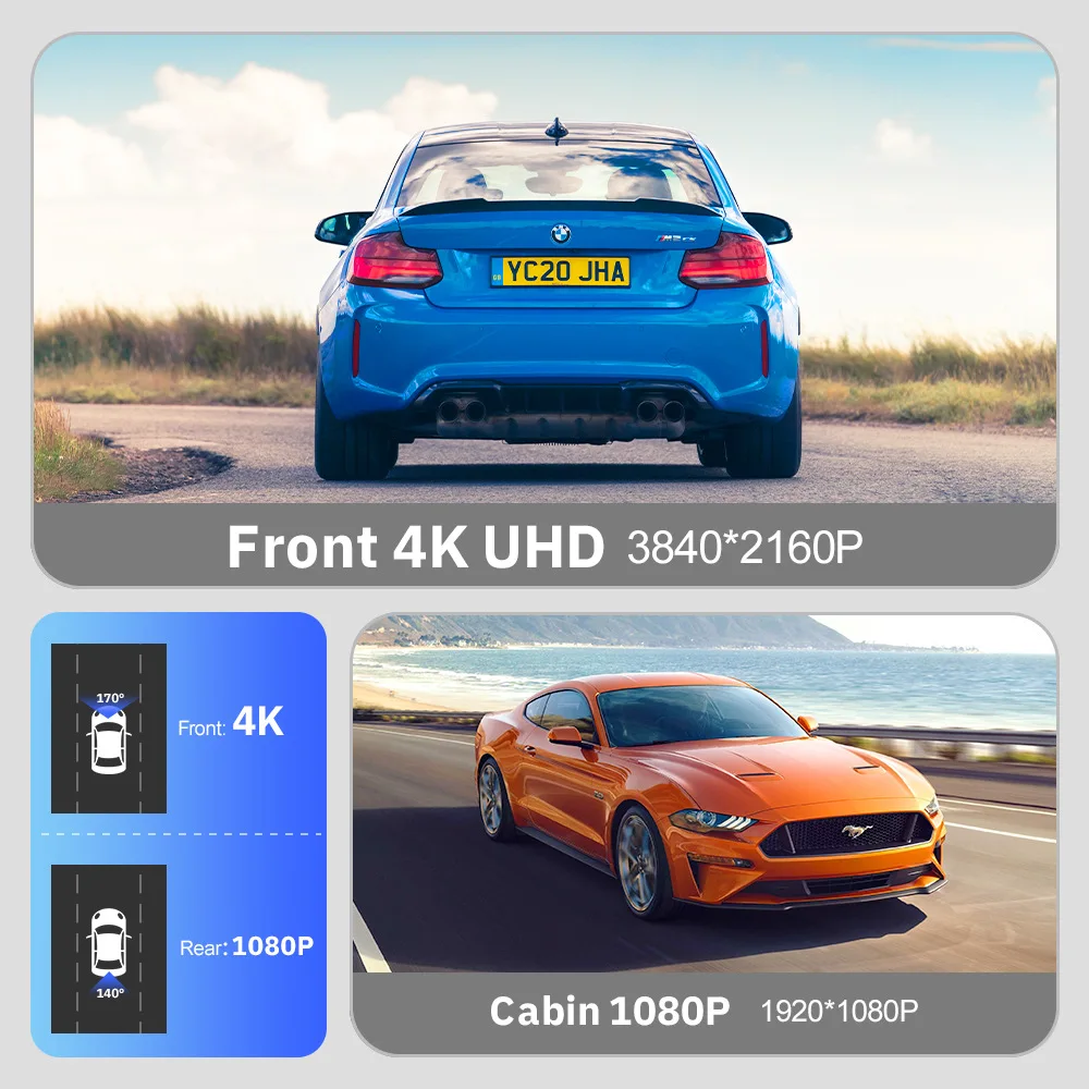 4K HD WIFI Dashcam Wide-Angle Front and Rear Dual Lens Support GPS Route Tracking 24H Parking Monitoring Dash Cam Mini Car DVR
