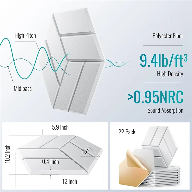 【MEET】22 Buah Panel Akustik Berperekat, Panel Dinding Kedap Suara Heksagonal 12X10x0,4 Inci, Panel Suara untuk Rumah Studio Kantor