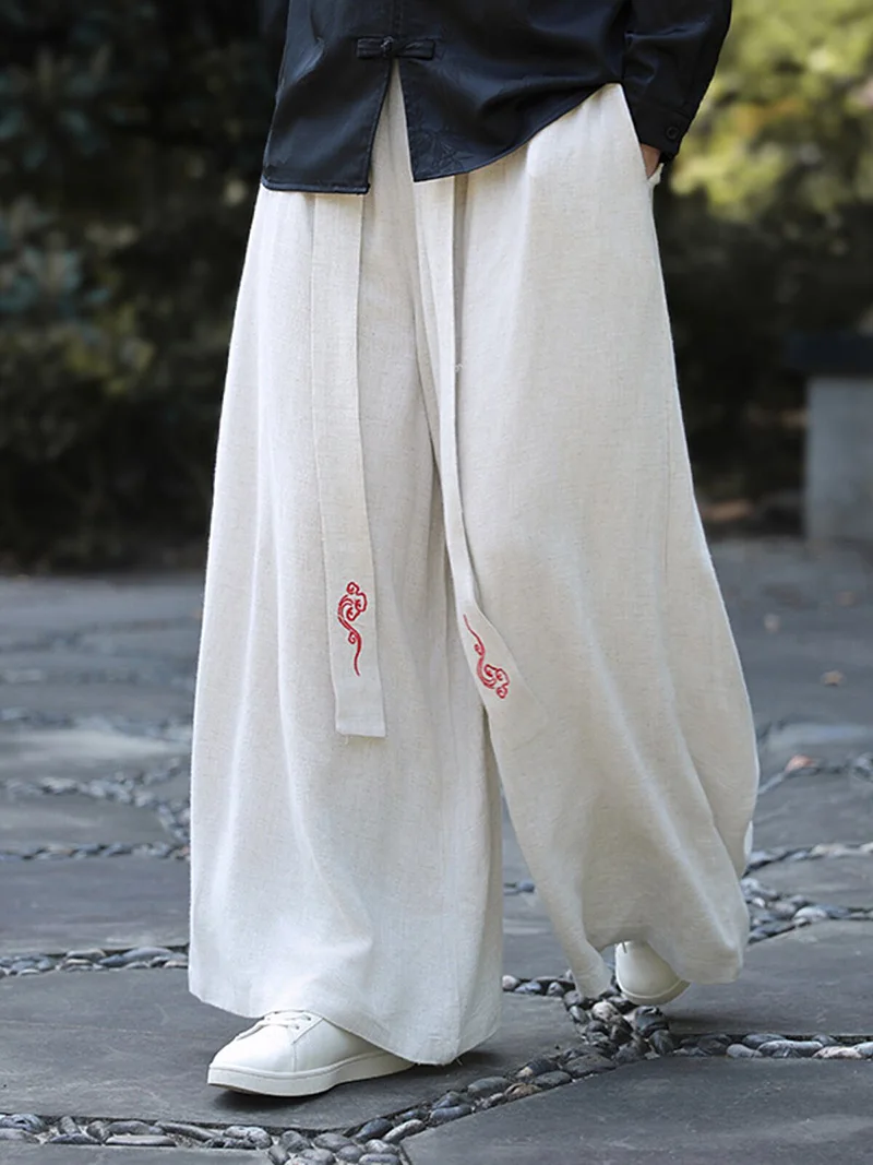 New Men's Premium Autumn Linen Cotton Blend Traditional Chinese Style Wide-Leg Pants Comfortable Loose Fit for Daily Ca