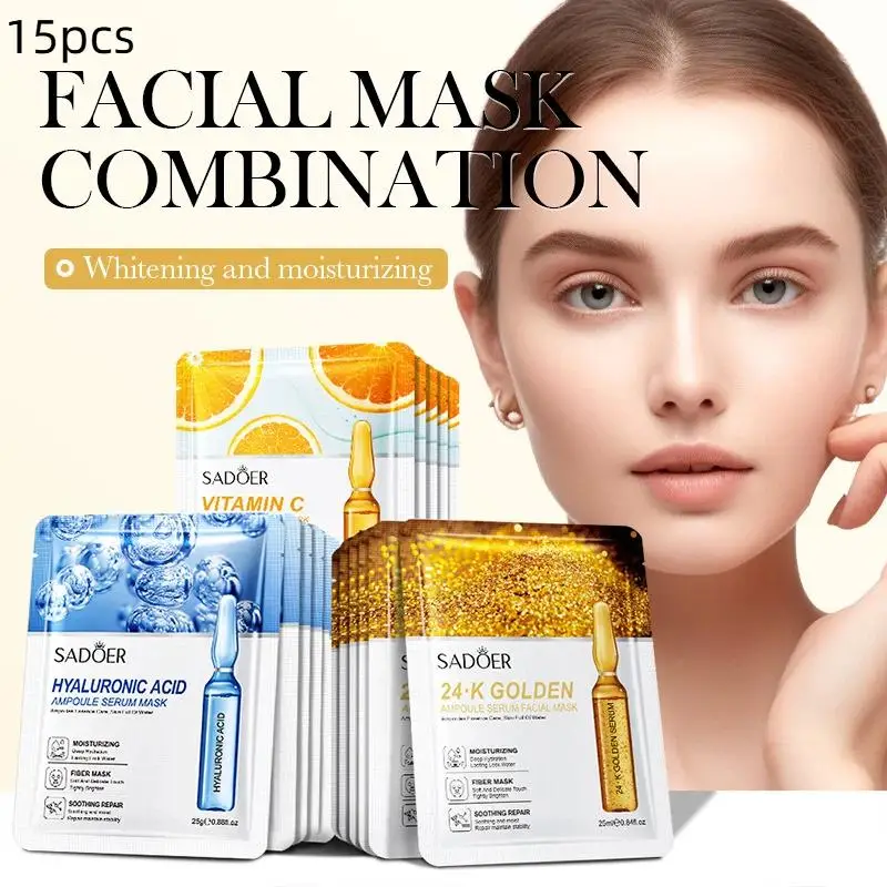 

15 шт. SADOER 24K Gold Vitamin C Hyaluronic Acid Facial Masks для лица: увлажняющие, подтягивающие, питательные маски для ухода за кожей лица.