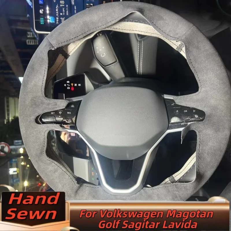 

Microfiber Leather Hand-Sewn Steering Wheel Cover For Volkswagen Magotan Golf Sagitar Lavida Anti-Slip Breathable Auto