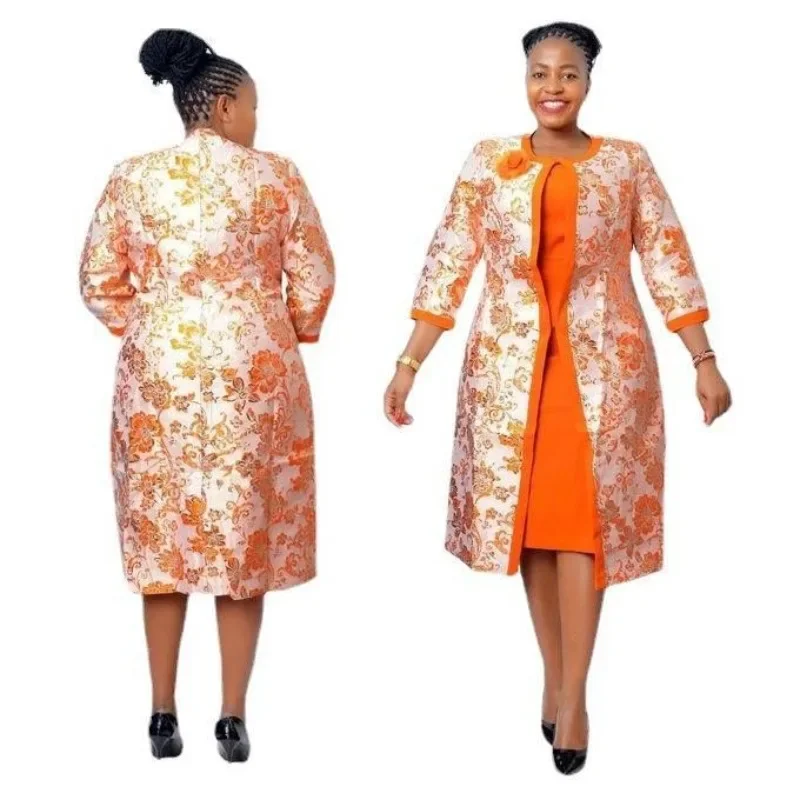 2 Piece Set long Coat and Dress Christmas African Midi Dresses Women Dashiki Bazin Riche African Clothing Dresses Africa Clothes image 3