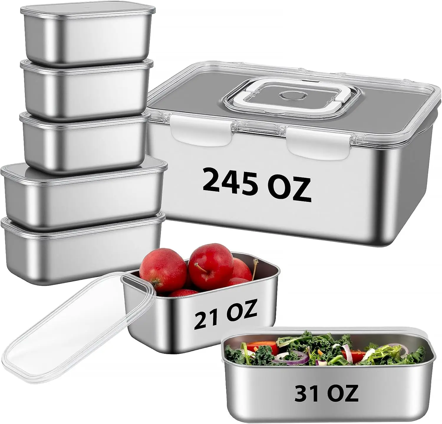 

8 PCS Large Stainless Steel Food Storage Containers with Lids, 3 Sizes Meal Prep Containers Set for Vegetables, Fruits,