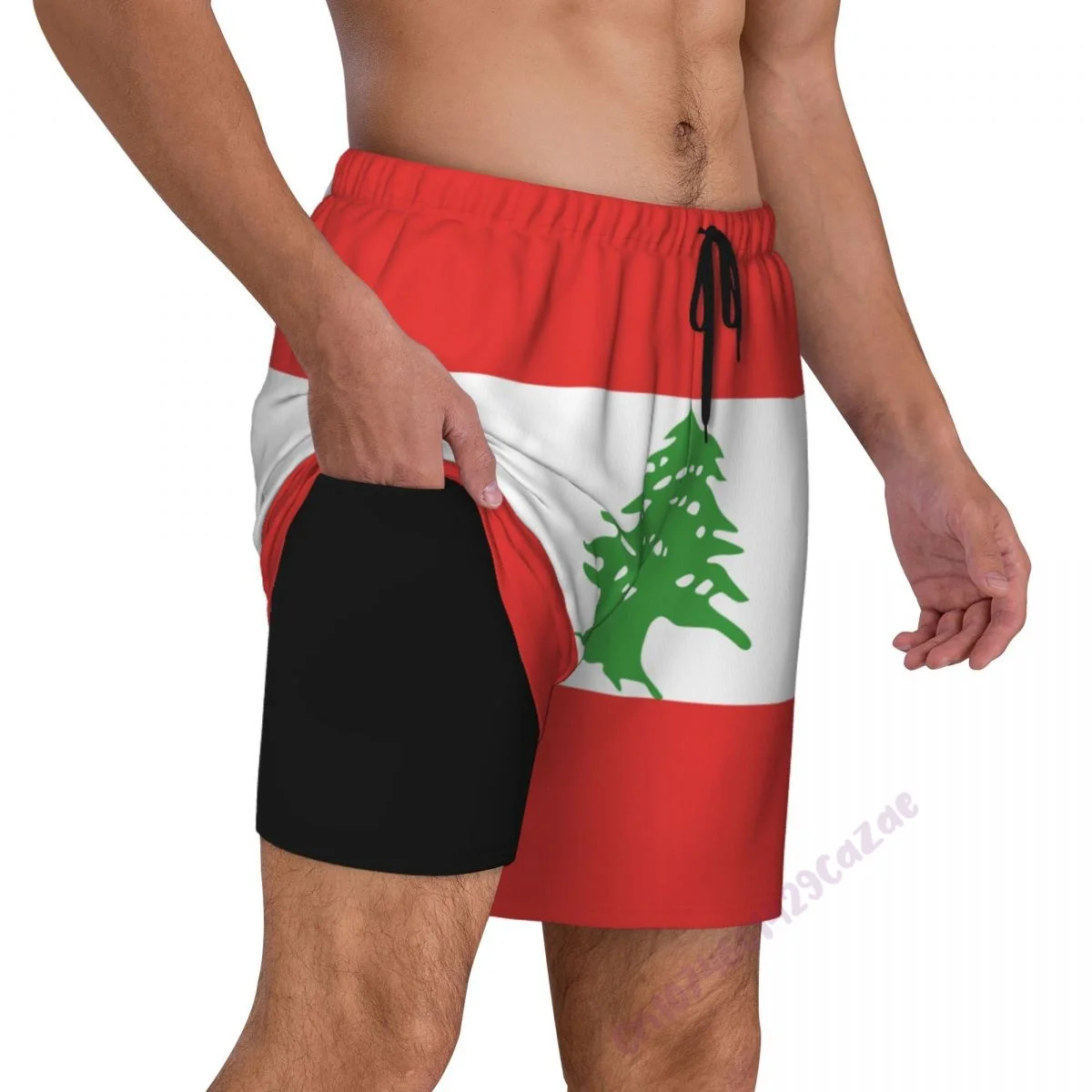 

Lebanon Flag 3D Mens Swimming Trunks With Compression Liner 2 in 1 Quick-Dry Summer Swim Shorts With Pockets