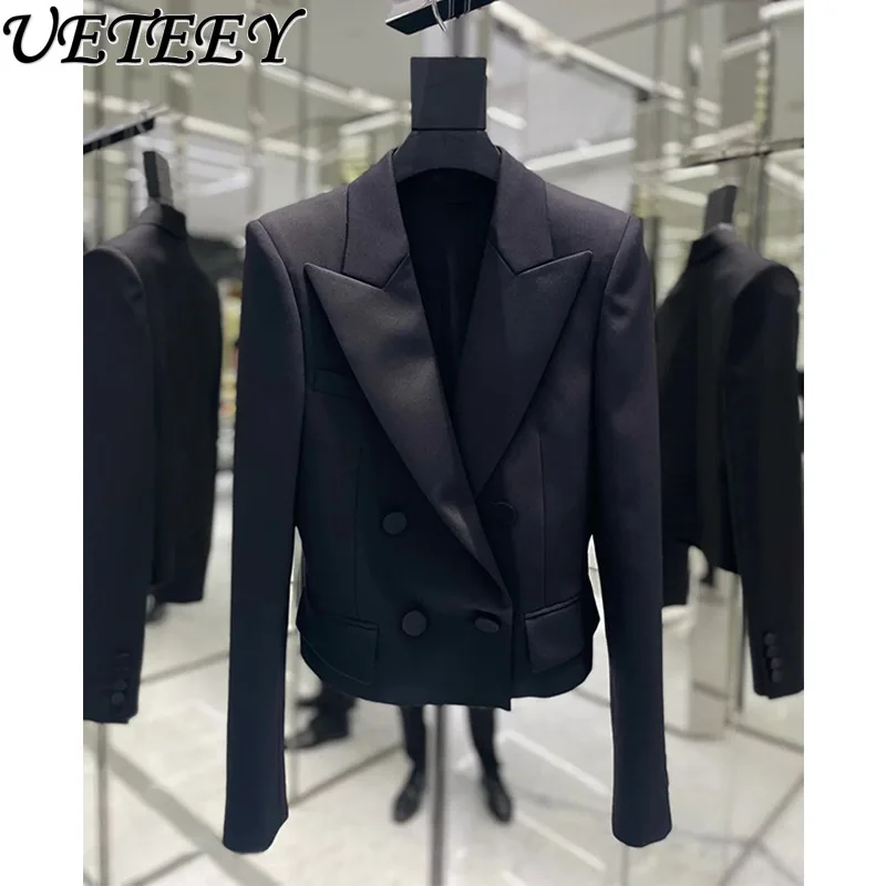 

Elegant Ol Professional Slim Fit Black Short Suit 2023 Autumn New Commuter Office Lady Double-Breasted Thin Blazer Suit Coat