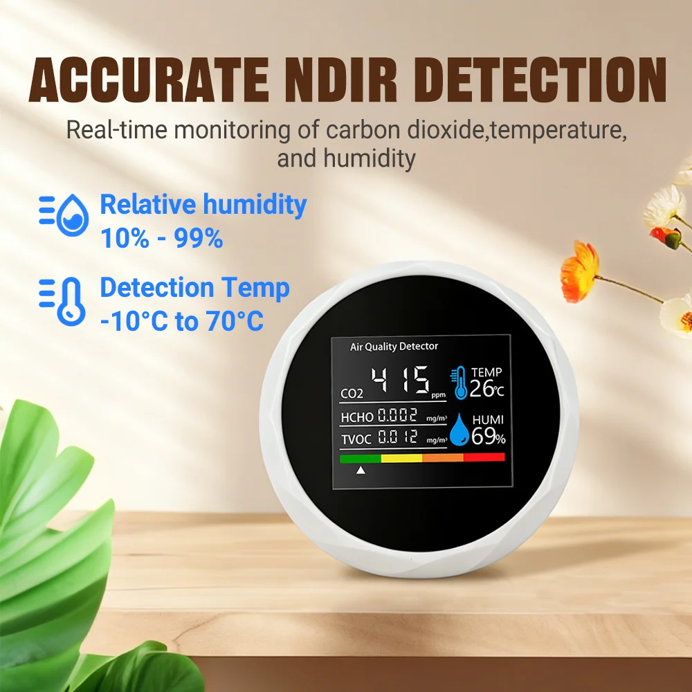 5 in 1 Digital Air Quality Monitor CO2 Sensor TVOC HCHO Temperature and Humidity Tester for Home Office and Indoor Environment