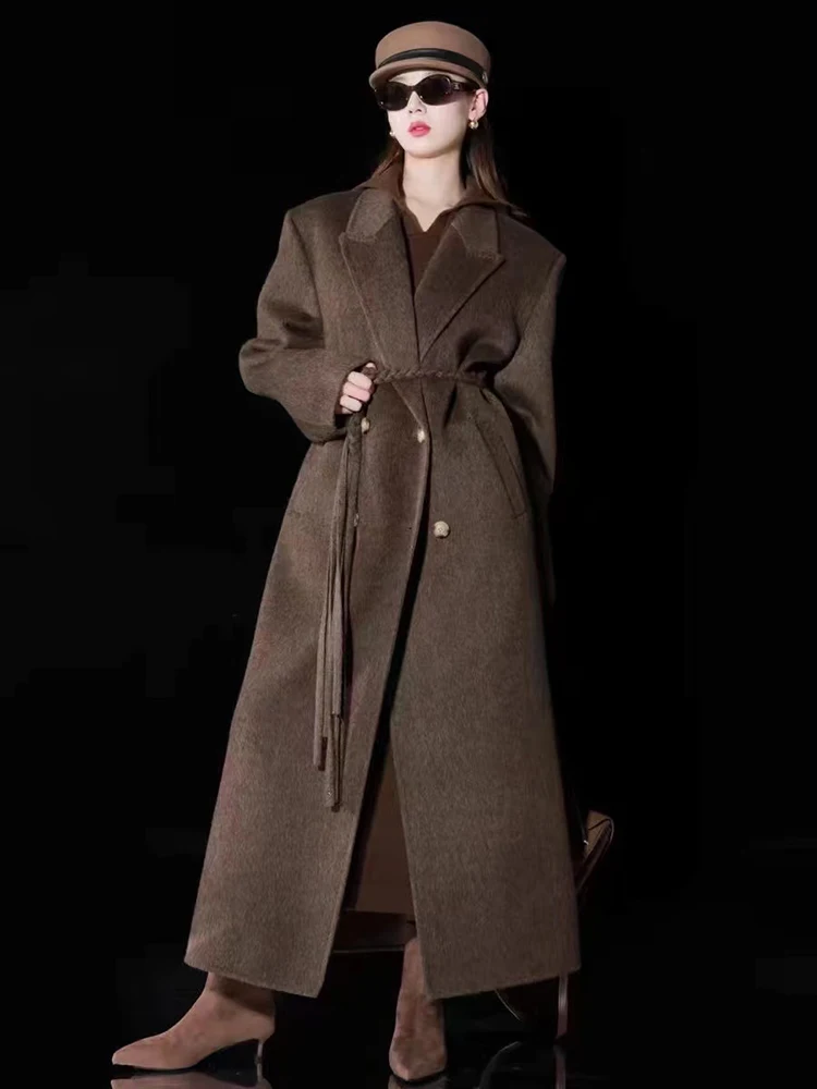 [oein] High End Alashan Camel Wool Woven Waistband Coat Design Suit Dwustronny płaszcz kaszmirowy Wełniany płaszcz damski zimowy