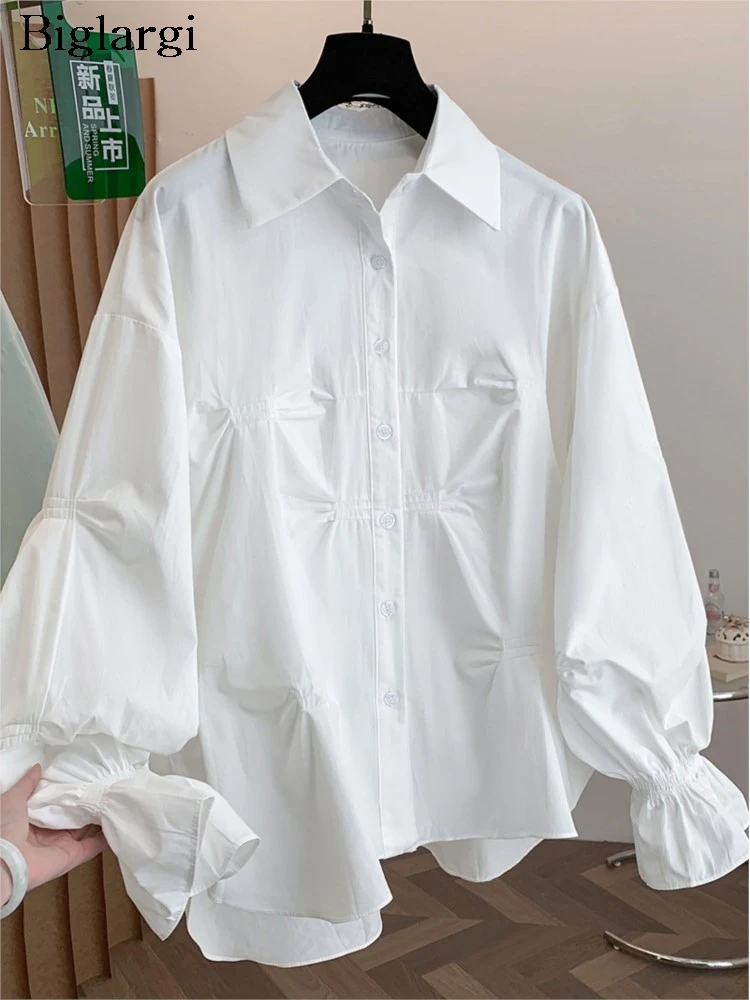 

Oversized Spring Shirts Women Pleated Flared Long Sleeve Fashion Ladies Blouses Loose Casual Woman Shirt Tops