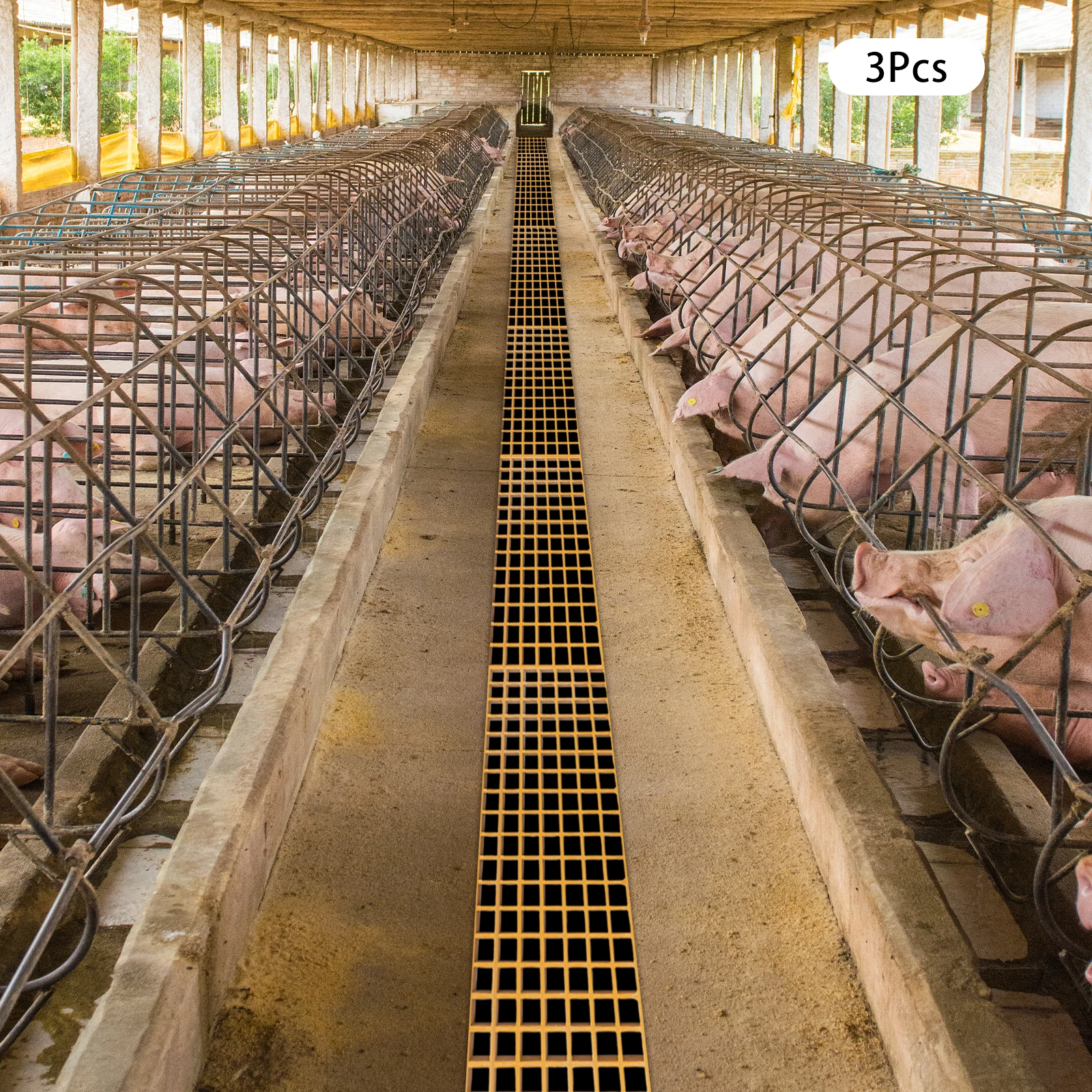 ตะแกรงระบายน้ำกรอบพื้นอุตสาหกรรม FRP 3 ชิ้น ฝาปิดรางระบายน้ำกลางแจ้งความแข็งแรงสูงสำหรับทางเดินสนามหญ้า สีเหลือง