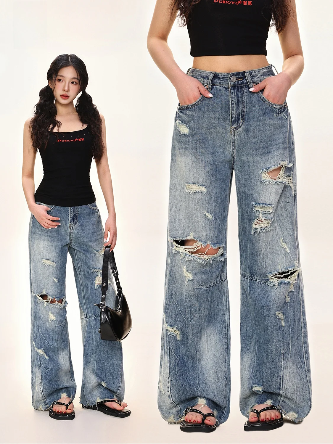 

Shiyiyue Street Fashion Washed Distressed Loose Casual Spring Summer Hot Girl Straight Leg Wide Leg Jeans High Waist Zipper C...