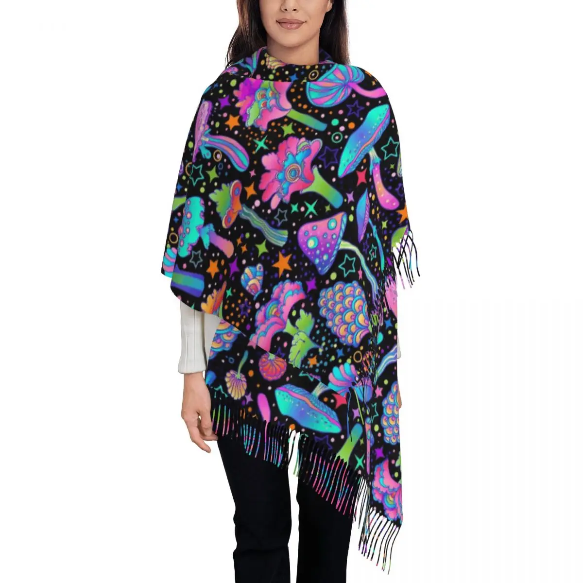 Psychedelic Mushrooms Shawl Wraps for Women Winter Warm Single-sided Pattern Scarf Neckerchief Tassel Scarves