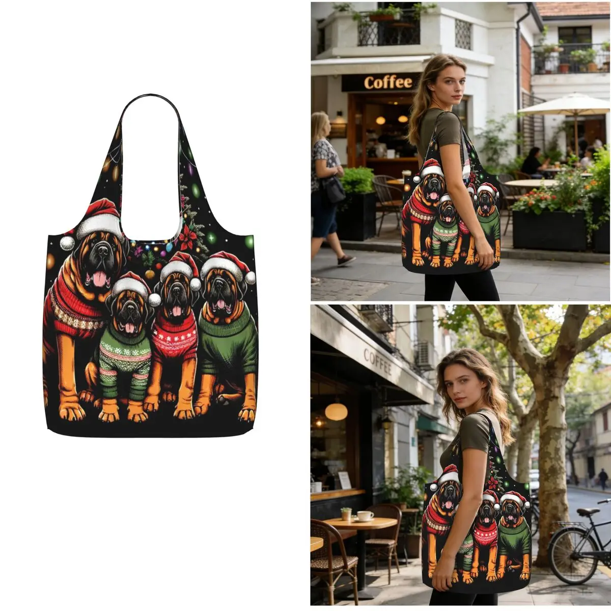 Mastiff Dog Family Light Christmas Tree Shopping Tote Bag Canvas Large Capacity Shoulder Bags Shopper Grocery Handbag for Women