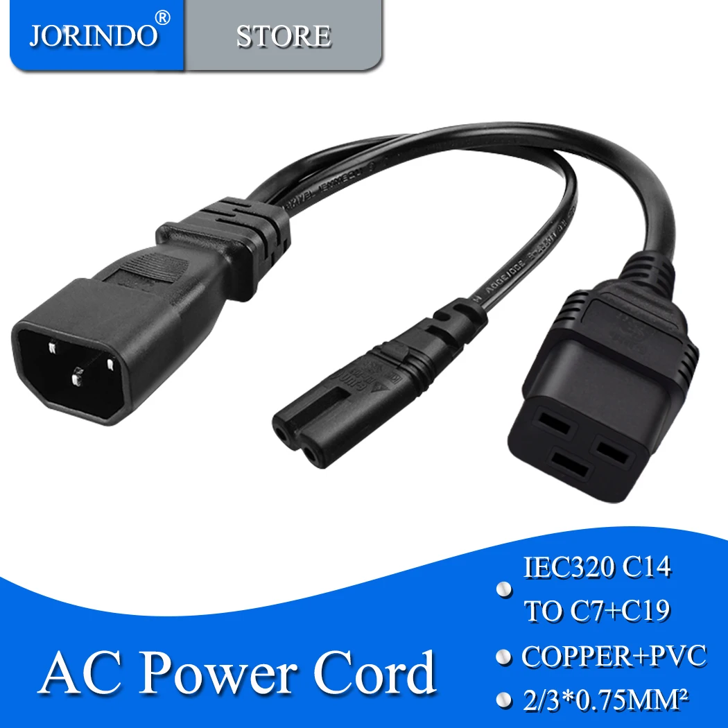 JORINDO 0,32 м/1 фута C14 TO C7 + C19 Y Разветвитель Шнур питания, IEC320 C14 TO Figure8 и C19 Одна точка, две линии преобразования мощности