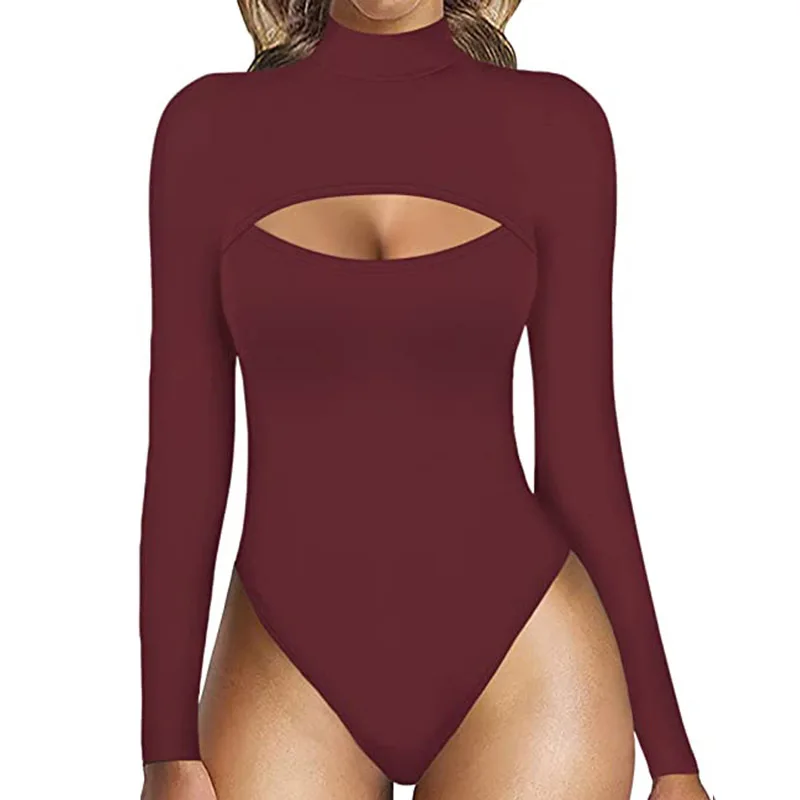 New Products Are Hot in Europe and The United States, Sexy Turtleneck Front Hollow Slim Long-sleeved Onesie Women's Cw31004