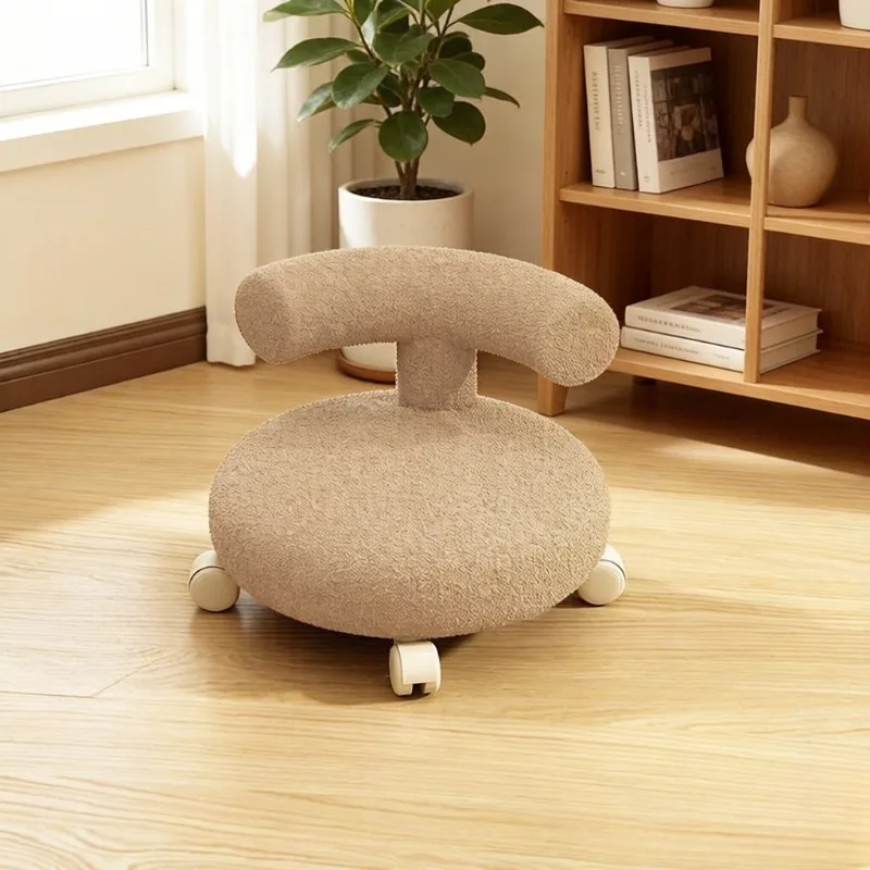 Home Lambskin Swivel Low Chair, Movable Backrest Round Stool with Universal Wheels for Kids Learning, Walking and Daily Use