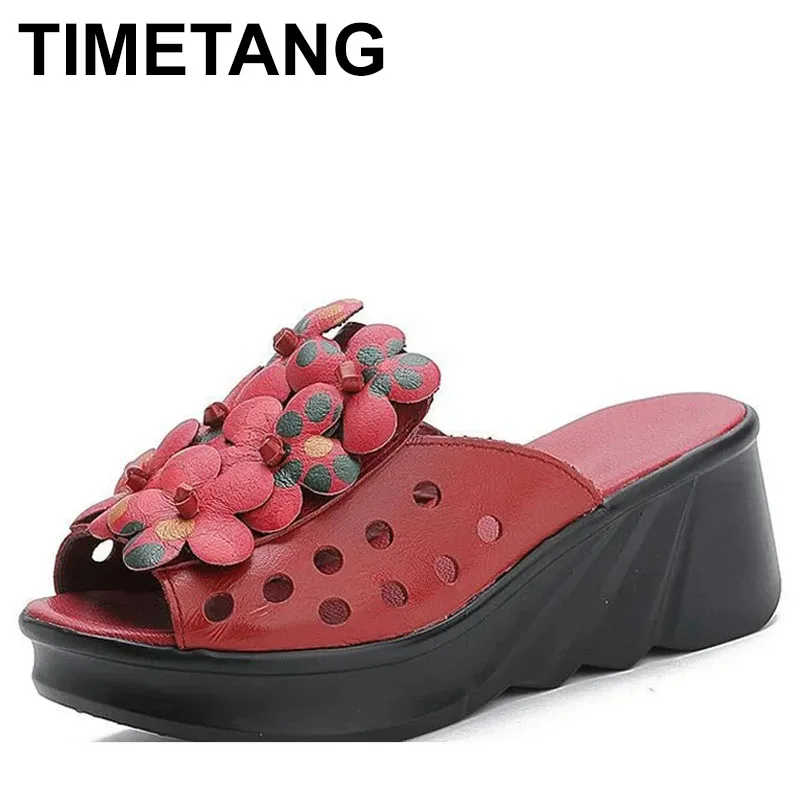 

2025 New Summer Retro Genuine Leather Hollow Breathable Floral Outside Leather Women Slippers Platform Wedges Slides