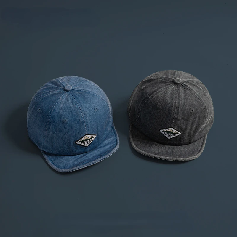 Short-Brimmed Hat Men\'s Washed Denim Soft Brim Peaked Cap Women\'s Style Distressed Patch Big Head Circumference Baseball Cap