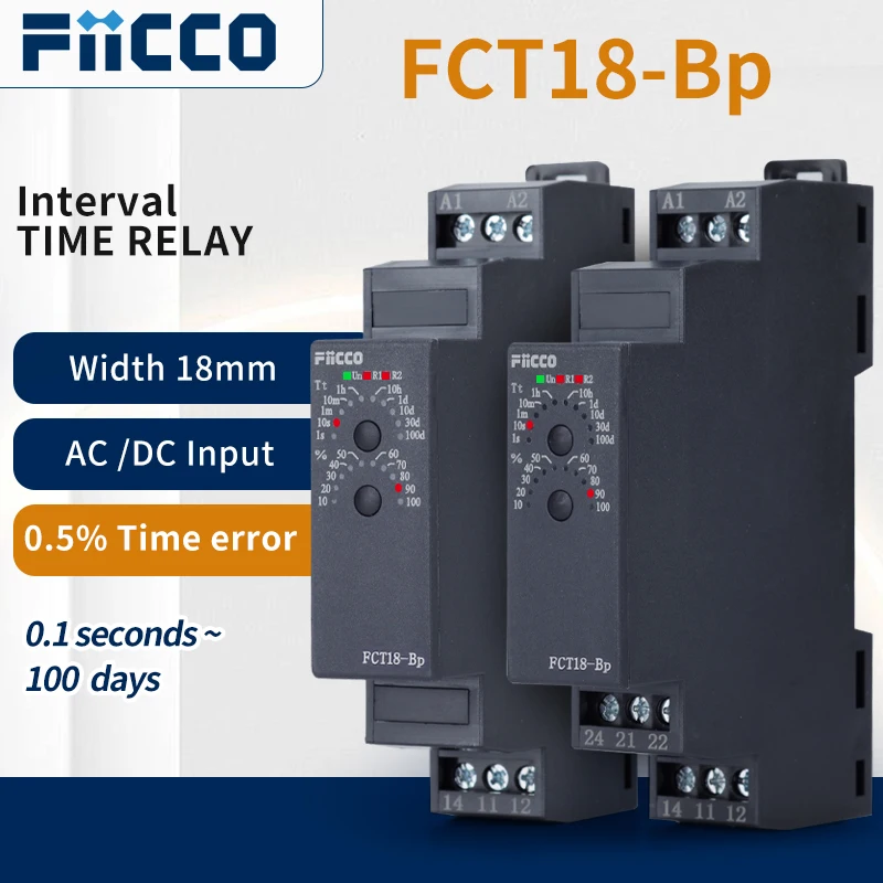 Fiicco FCT18-Bp 18mm Slim Din Rail Mounting 12V 24V 48V 220V Interval OFF-Delay Timer Relay for Industrial cleaning processes