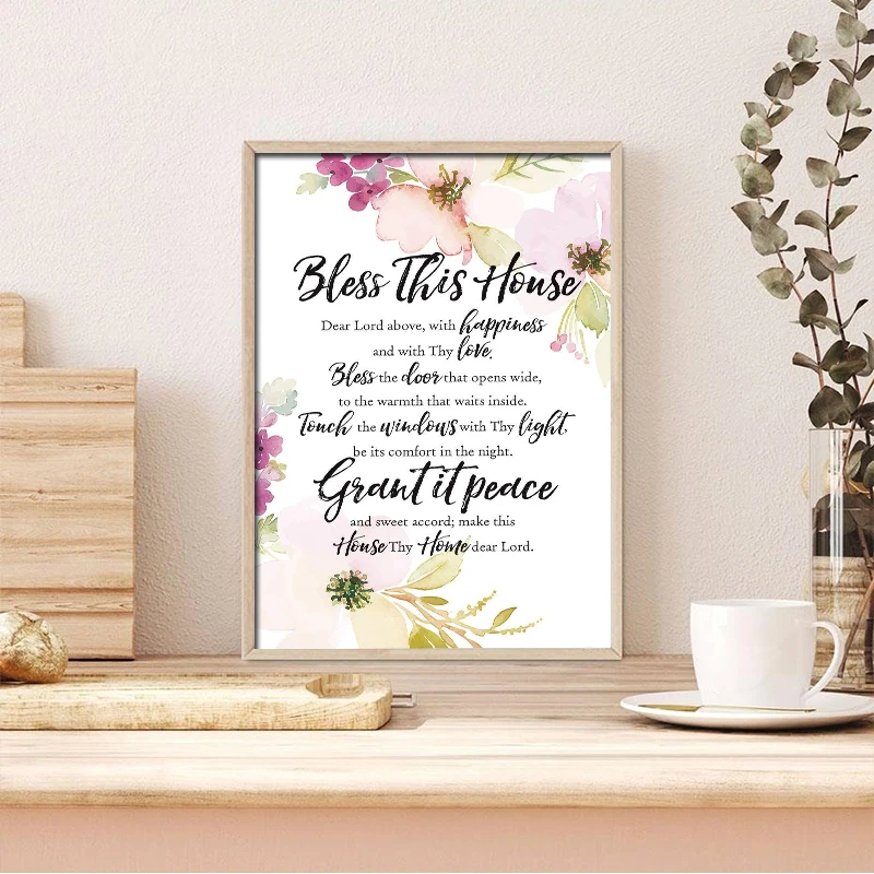 Bless This House Canvas Painting With Inspiring Quotes Elegant Vertical Wall Room Decor Poster Christian Family Religious Home