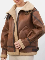 Ailegogo New Women Vintage Loose Thick Warm Faux Lamb Fur Coat Streetwear Female Zipper Spliced Coat Moto Biker Outwear