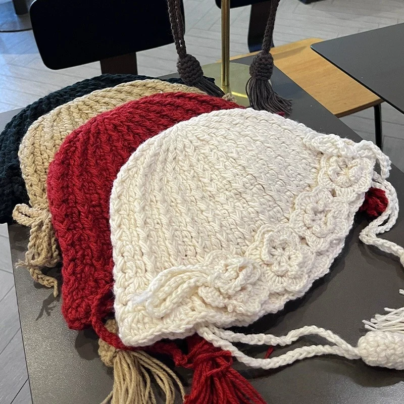 Retro Floral Hand-Knitted Braided Wool Beanie for Women Autumn/Winter Warmth - Versatile Fringe Knit Hat