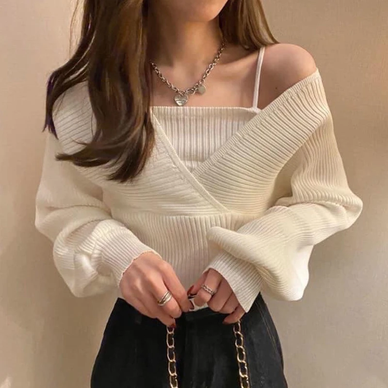 Autumn Korean Women Solid Color Fake Two Piece Long Sleeve Chic Knitted Sweater