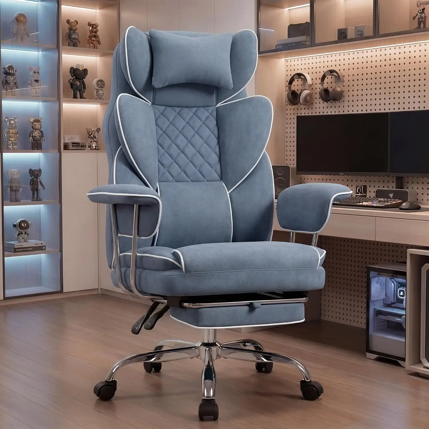 Big and Tall High Back Gaming Office Desk Chair Heavy Duty Fabric Computer Executive Chair with Lumbar Support Adjustable Recliner Footrest Wide Seat Rolling Wheels Blue