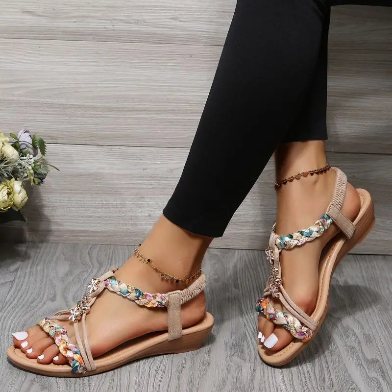 Rimocy Women Wedges Bohemian Sandals Summer 2023 Flower Non Slip Beach Sandalias Mujer Elastic Band Low Heels Roman Shoes Woman