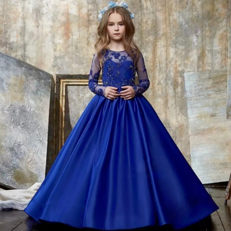 

Royal Blue Flower Girl Dresses Transparent Long Sleeve For Wedding Party Gowns Soft Tulle Crystals Bow V Back Fairy Dress